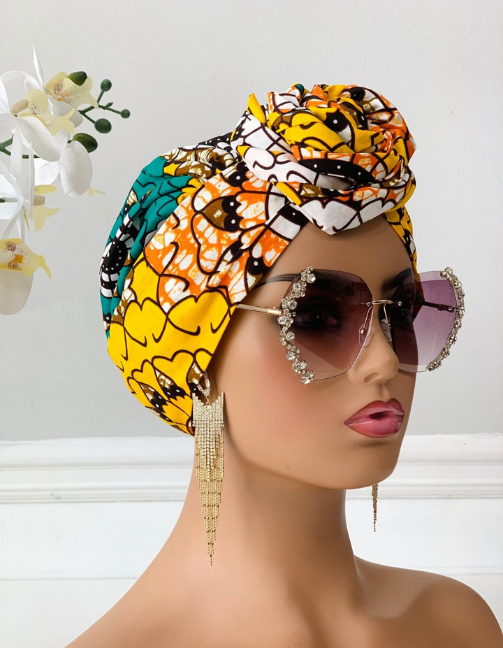 Yellow African Print 2-Piece Bonnet Headwrap - Mudvii