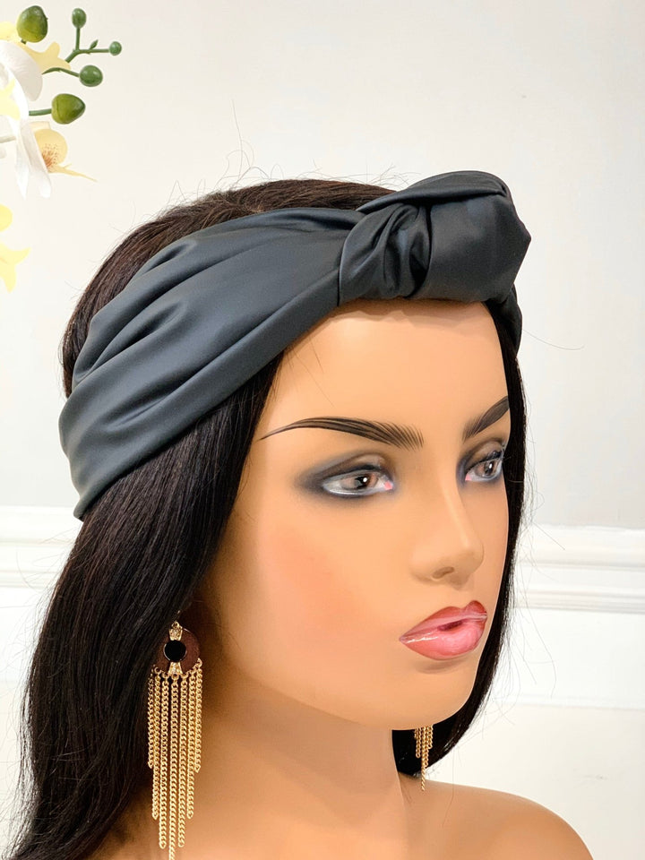 Matte Black Faux Leather Knotted Headband - Mudvii