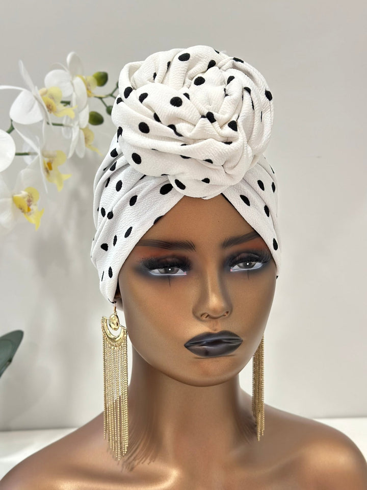 White Polka Flower - Design Turban - Mudvii