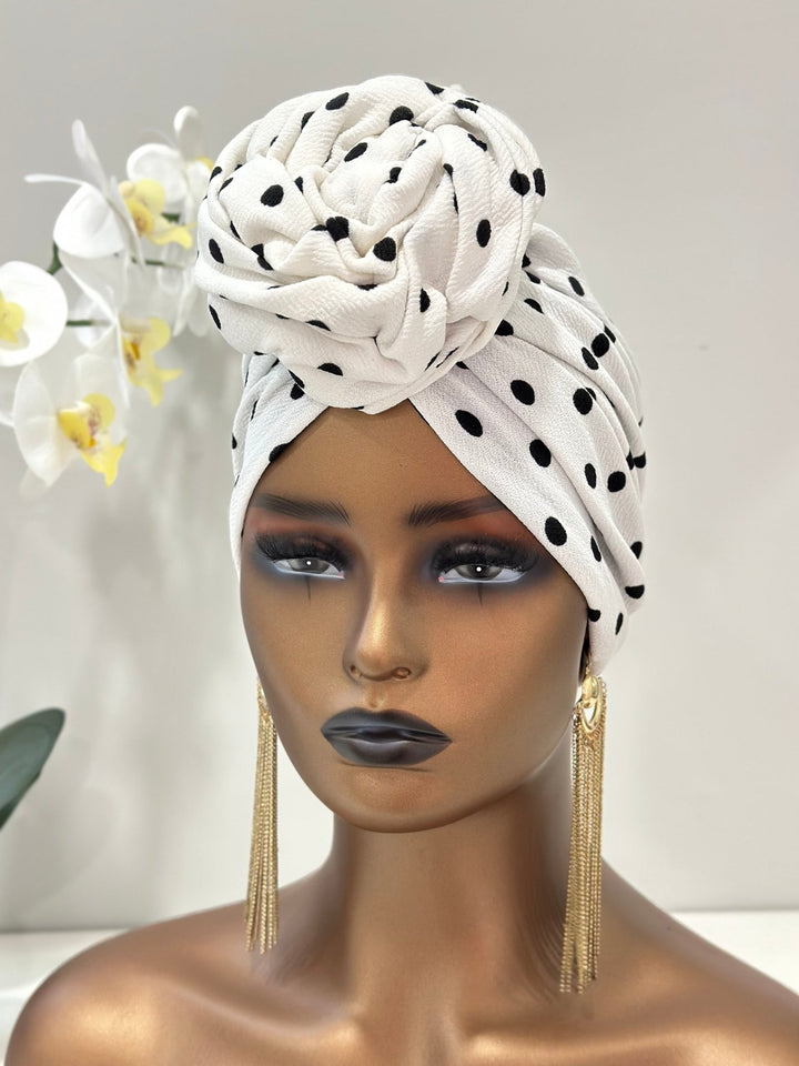 White Polka Flower - Design Turban - Mudvii