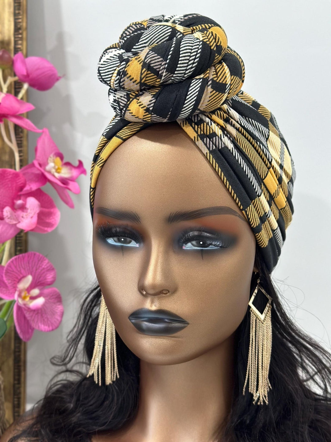 Yellow Plaid Pre - tied Turban - Mudvii