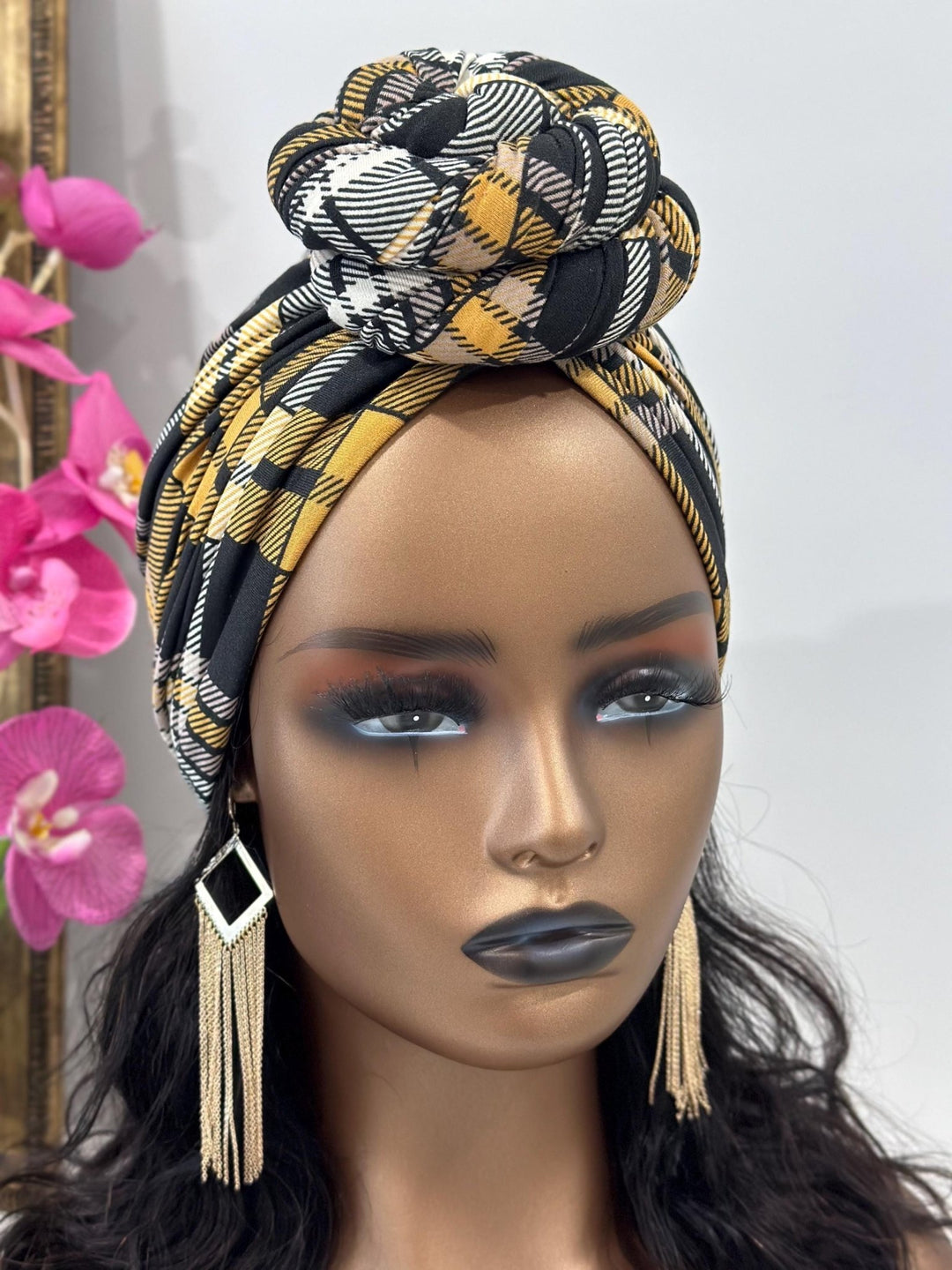 Yellow Plaid Pre - tied Turban - Mudvii