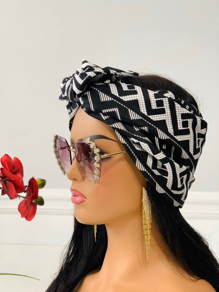 Misan Black & White African Print Satin-Lined Headwrap - Mudvii