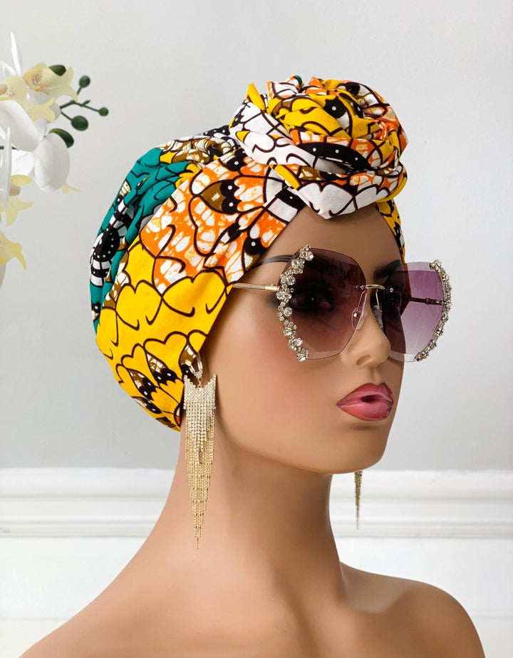 Yellow African Print 2-Piece Bonnet Headwrap - Mudvii