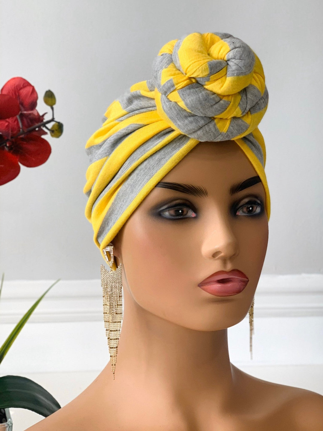 Yellow and Grey Stripe Pretied Headwrap - Mudvii